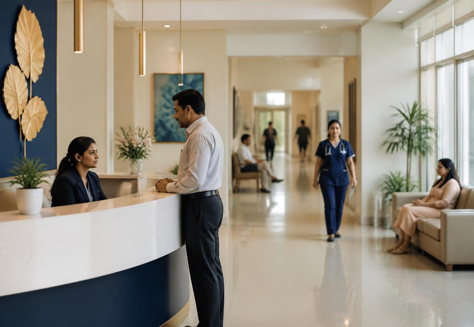 Hospital reception and corridor with staff and patients