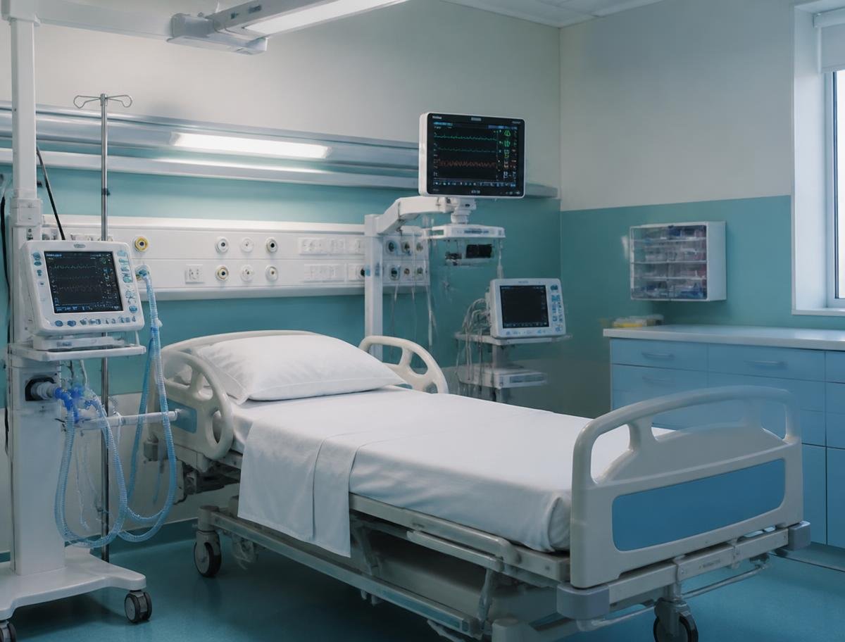 Intensive care bed with ventilator and patient monitors