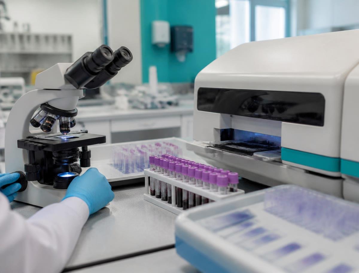 Laboratory bench with microscope and sample analyser