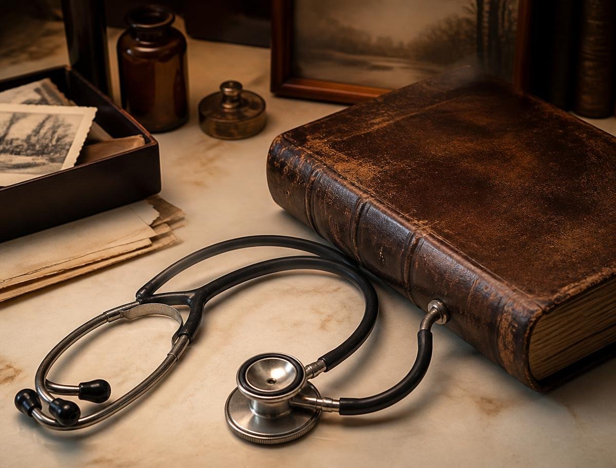 Vintage stethoscope and medical journal evoking the hospital's heritage
