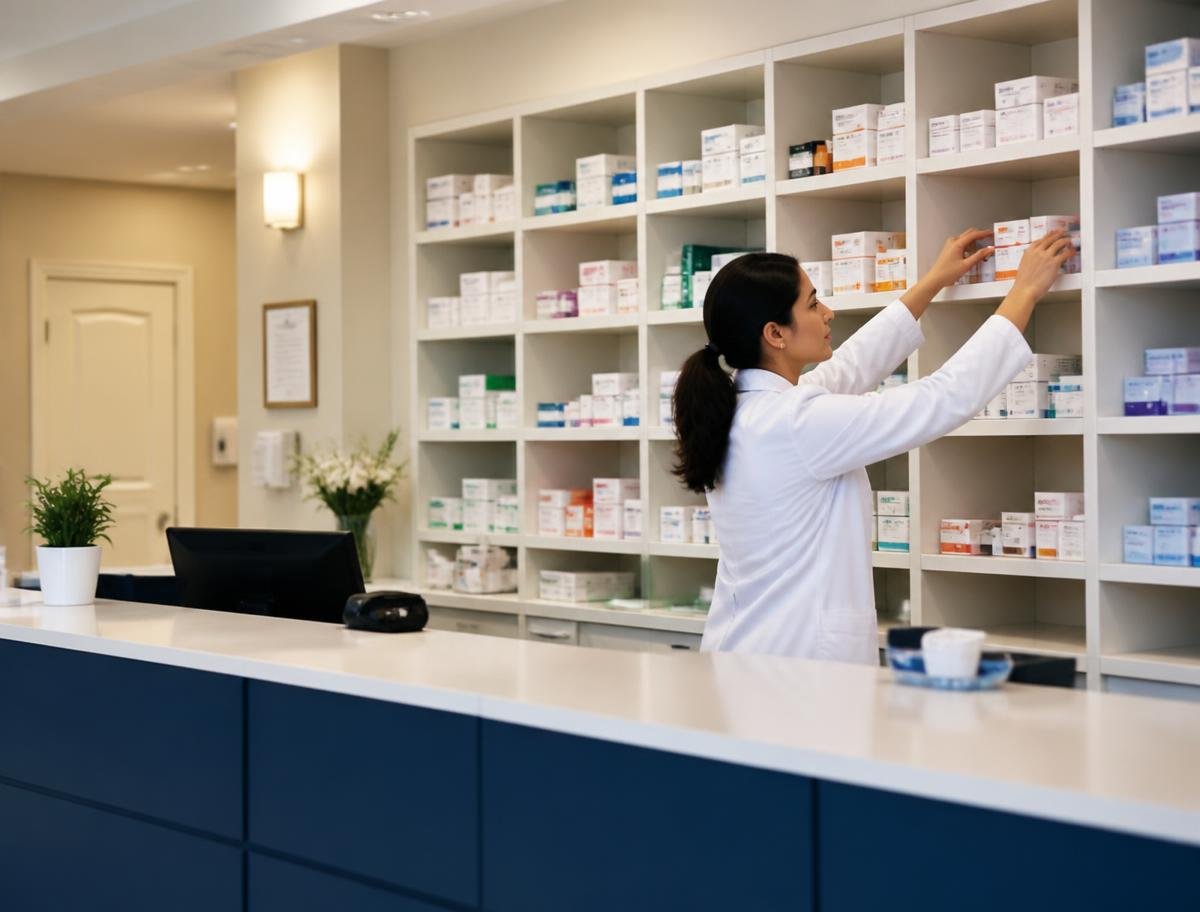 Pharmacy counter with medicine shelves